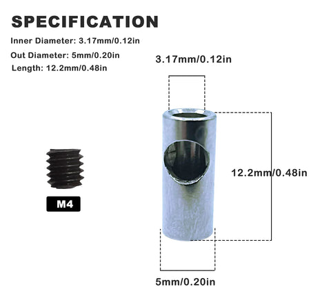 Stainless steel RC motor pinion reducer sleeve; inner dia 3.175 mm, outer 5.0 mm, 12.2 mm long, M4 set screw