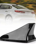 Glossy black Shark Fin Antenna Cover Dope Fit For Hyundai Sonata 2016-2019, Kia Optima 2016-2020, Elantra 2011-2015, Genesis G80 2015-2017 Car Roof Aerial Cap Replacement Without GPS shown in foreground, mounted on rear car roof.