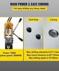 Badass 750W Magnetic Drill Press Featuring A Rocksolid 8500N Base Magnet And Slick Tabletop Build For No Sweat Core Drilling On Tough Steel Or Iron Job Site Projects, showing specifications and drill holes.