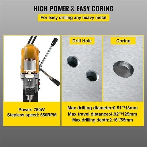 Badass 750W Magnetic Drill Press Featuring A Rocksolid 8500N Base Magnet And Slick Tabletop Build For No Sweat Core Drilling On Tough Steel Or Iron Job Site Projects, showing specifications and drill holes.