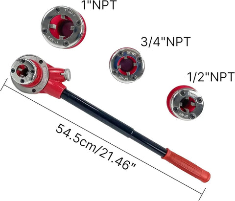 Ratcheting Pipe Threader Kit With Three Dies One Half Inch, Three Quarter Inch, And One Inch Hinge Plate Heads Long Ergonomic Handle
