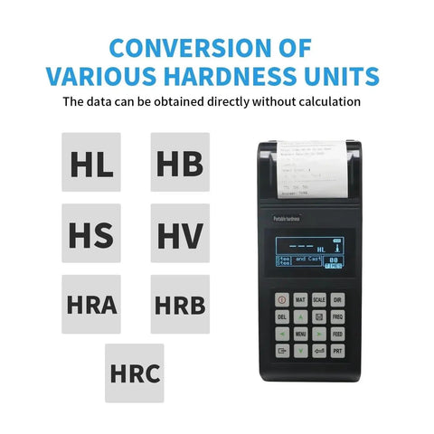 Portable Digital Leeb Hardness Tester With LCD Display And Real Deal Metal Testing Built For The Daily Grind, showing hardness unit conversion on screen.