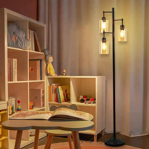 Industrial Tree Floor Lamp With 3 Amber Glass Shades Rustic Tall Standing LED Lamp For Living Room Bedroom Or Office Warm 360 Degree Lighting E26 Base Bulbs Included 67 Inches Tall