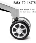 Close-up of heavy duty office chair caster wheel showing easy installation on a chrome base, part of a 5-pack replacing worn out originals
