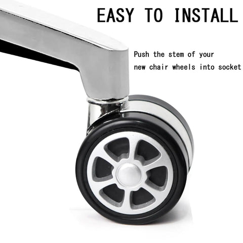 Close-up of heavy duty office chair caster wheel showing easy installation on a chrome base, part of a 5-pack replacing worn out originals