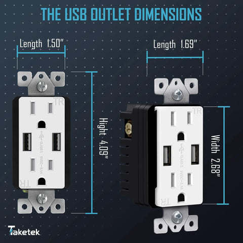 Dimensions of USB Wall Outlet With Turbo Fast Charging USB Ports, 15 Amp Tamper Resistant Receptacle shown.