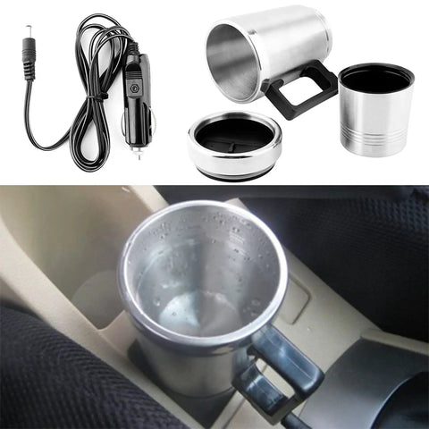 Road Trip Ready 12V Car Electric Kettle Heats Water Instantly Plugs Straight Into Cigarette Lighter with stainless steel design.