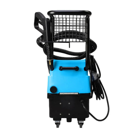 Pro Grade Heavy Duty Commercial Steam Cleaner 1750W 5 Gallon Tank 115 Psi front view with handle and hoses for ergonomic use.