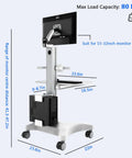 Adjustable Height Rolling Standing Desk With Rock Solid Monitor Mount And Smooth Keyboard Tray, mobile workstation cart displaying monitor specs.