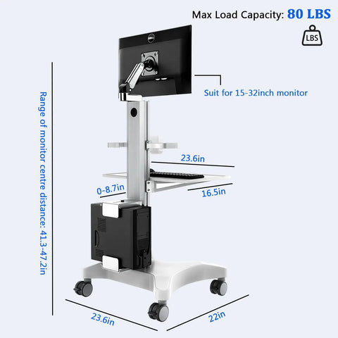 Adjustable Height Rolling Standing Desk With Rock Solid Monitor Mount And Smooth Keyboard Tray, mobile workstation cart displaying monitor specs.