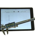 Digital Electronic Caliper With Absolute Origin And Smart Bluetooth Connectivity, IP54 Protection next to tablet