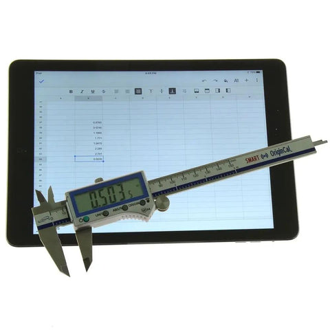 Digital Electronic Caliper With Absolute Origin And Smart Bluetooth Connectivity, IP54 Protection next to tablet