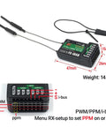 6 Channel 2.4GHz AFHDS2A RC Transmitter with Receiver showing dimensions and connection ports