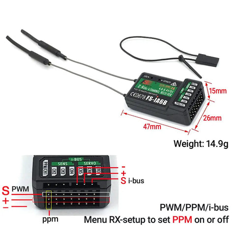 6 Channel 2.4GHz AFHDS2A RC Transmitter with Receiver showing dimensions and connection ports