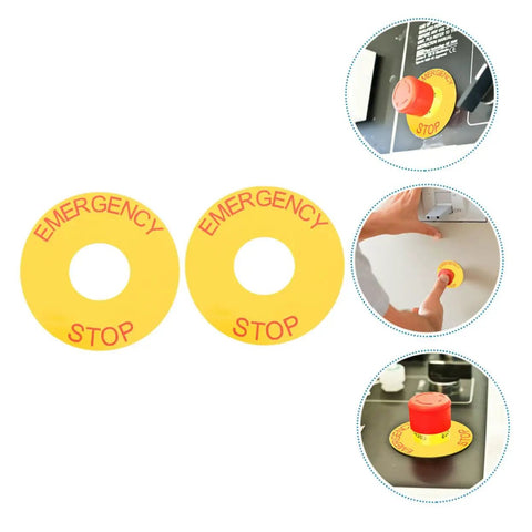 Emergency Stop Sign Decal Set For Machinery Safety Labels Bright Yellow With Red Text Heavy Duty Peel And Stick Adhesive