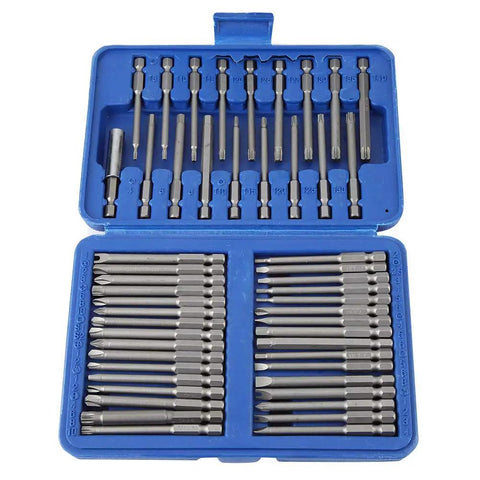 Rock Solid 50 Piece Electric Screwdriver Bit Kit Made From Tough Alloy Steel, Perfect For Drills And Hand Drivers Featuring Slot Cross U Shaped And Hex Bits That Won't Slip Or Break On Your Next Heavy Duty DIY Repair Jobs, blue case open
