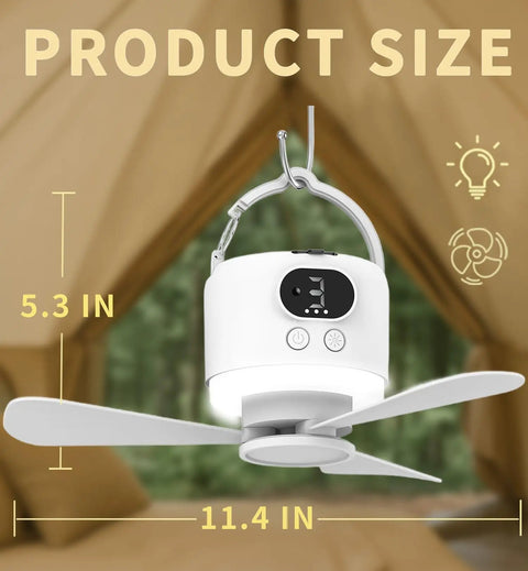 Ultra Portable Camping Fan With 10400mAh Battery, USB Rechargeable Tent Fan With Remote, Power Bank And LED Light displayed in tent