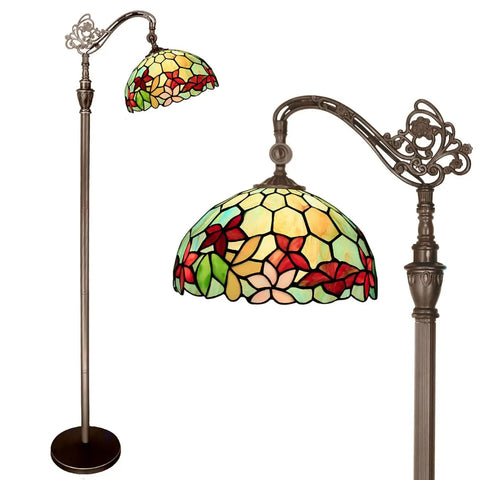 Tiffany Style Floor Lamp With Dope Stained Glass Shade In Red And Green Floral Arched Gooseneck Reading Light Bronze Base Tall 66 Inch Arc UL Certified Foot Switch