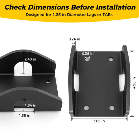 Beefy Heavy Duty Treehouse Bracket for 1.25 Inch Lag Bolts and TABs, Solid Steel Static Support Plate, dimensions view
