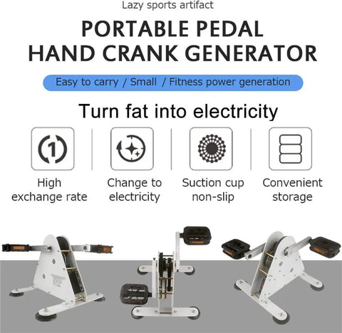 Portable pedal hand crank generator with high exchange rate, suction cup, and storage features, 100W Portable Pedal Power Generator With Dual USB Fast Charge Outputs And DC Output For Emergency Power On The Go Bike Pedal Charger With Quiet Ironless Gear Drive.