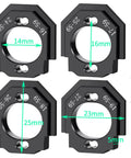 Aluminum Adjustable RC Motor Mount 4 Piece Set For 1 18 And 1 14 RC Trucks Like ARRMA Granite GROM 4X4 Mojave Mega 380 Upgrade Parts Direct Fit No Mod Heavy Duty Power Transfer And Cooling showing four mounts with size measurements and screws