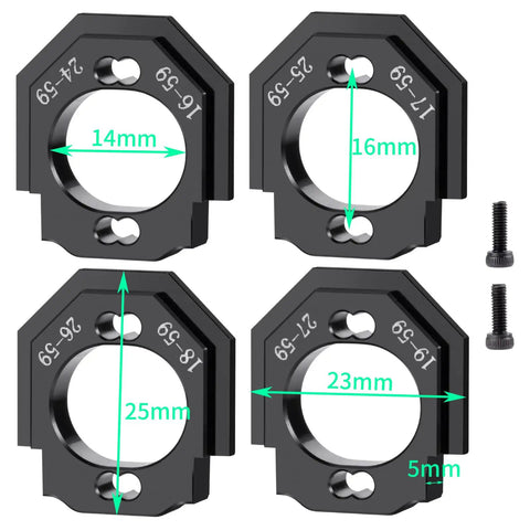 Aluminum Adjustable RC Motor Mount 4 Piece Set For 1 18 And 1 14 RC Trucks Like ARRMA Granite GROM 4X4 Mojave Mega 380 Upgrade Parts Direct Fit No Mod Heavy Duty Power Transfer And Cooling showing four mounts with size measurements and screws