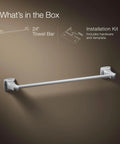 Riff 24 Inch Towel Bar Polished Chrome Built To Last Durable Zinc Construction with installation kit on brown background