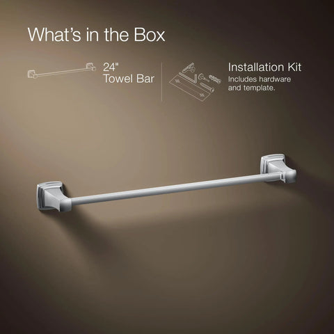 Riff 24 Inch Towel Bar Polished Chrome Built To Last Durable Zinc Construction with installation kit on brown background
