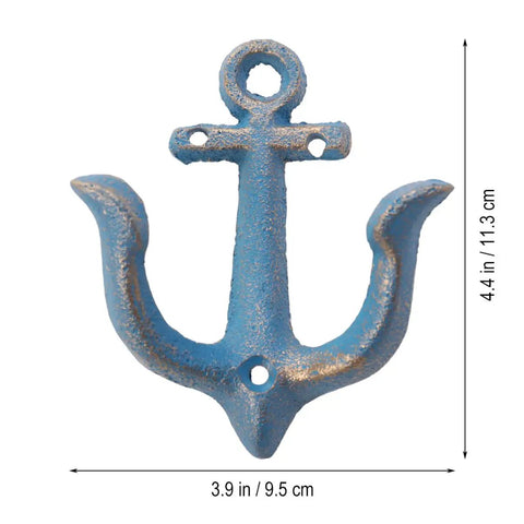Vintage Rustic Cast Iron Nautical Anchor Wall Hooks Built Tough Real Heavy Duty coat hanger in sky blue, size 4.4 by 3.9 inches.