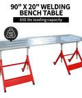 Heavy Duty Mobile Welding Table 90 By 20 Inches Adjustable Angles Steel Workbench showing dual adjustable height design with 650 lbs capacity.