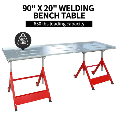 Heavy Duty Mobile Welding Table 90 By 20 Inches Adjustable Angles Steel Workbench showing dual adjustable height design with 650 lbs capacity.