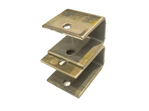 Close-up of metal brackets from Heavy Duty Tandem Axle Spring Hanger Kit With Short Equalizers For Leaf Spring Trailer Suspension Replacement.
