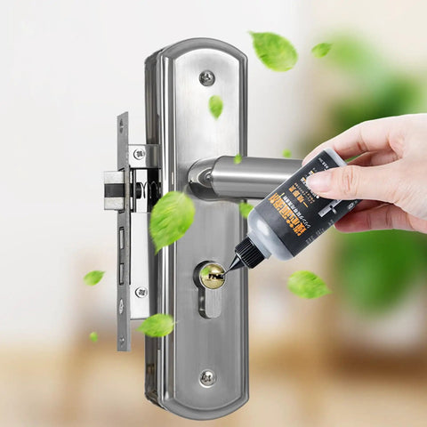 Applying dry graphite powder lubricant for locks and hinges, penetrates quickly to free stiff door latches, garage bearings, sliding doors.