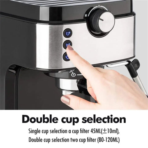 No Hassle Automatic Coffee And Milk Frother Machine With Adjustable Strength Control features double cup selection buttons.