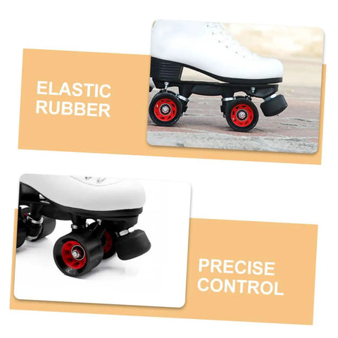 Close-up of roller skate with 2 Pcs Adjustable Rubber Toe Stops for Roller Skates, round shape braking blocks, emphasizing precise control.