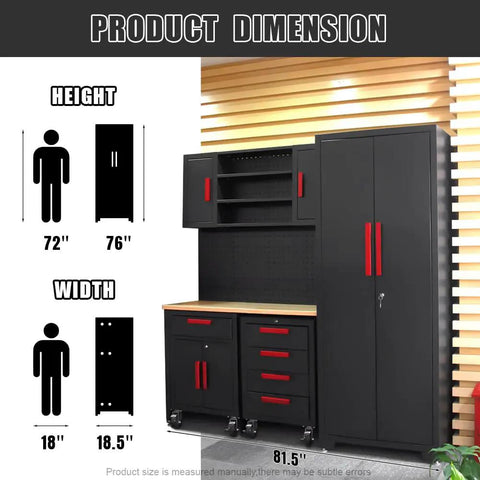 Six Piece Garage Storage Cabinet System With Steel Drawers, Rolling Chest, Heavy Duty Workbench, Pegboard, And Wall Cabinets