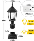 Diagram showing dimensions of Dusk To Dawn Outdoor Post Light With Auto On Off Sensor Hands Free Hardwired 120V Exterior Lamp Post