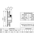 Technical drawing of 3.95 Inch OD Cast Iron V Belt Pulley With One Groove For A AX B BX 4L 5L Belts Bore And Shaft One And One Eighth Inch Keyseat One Quarter By One Eighth Rust Resistant Finish Statically Balanced Electric Motor Pulley For Real Shop Pros