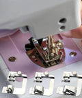 Universal Sewing Machine Presser Feet Set For Home Electric Models With Zipper Foot Binder Attachment And Overlock Presser in use.