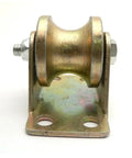 Built Tough All Steel V Groove Caster Wheel For Sliding Doors And Heavy Duty Garage Tracks With Smooth Rolling Bearings and Slick U Shaped Pulley Rig For Quick Fixes close-up view with mounting bracket.