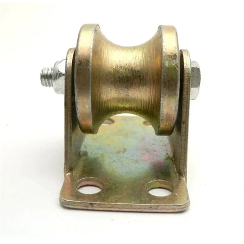 Built Tough All Steel V Groove Caster Wheel For Sliding Doors And Heavy Duty Garage Tracks With Smooth Rolling Bearings and Slick U Shaped Pulley Rig For Quick Fixes close-up view with mounting bracket.