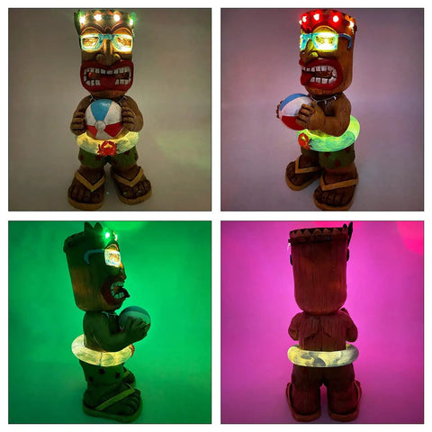 16.7 Inch Tiki Garden Statue With Solar Powered Lantern Lights, Large Hawaiian Tiki Man Figurine for Outdoor Patio Yard Bar Beach Pool Pond, Auto On Off Glow for Nighttime Ambiance and Holiday Gift Idea, lit up at night