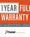 1 Year Full Warranty for Paslode tools with no questions asked on orange background, branding visible.