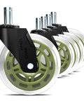 Top Shelf Office Chair Wheels Replacement Set Of 5 With Silky Smooth Quiet Rolling Rubber Casters 3 Inch Profile view of green wheels