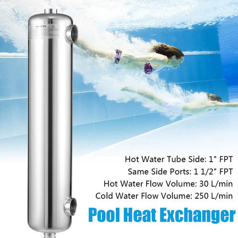Heavy-Duty Stainless Steel Pool And Spa Heat Exchanger For Outdoors And Solar Heating, 200 kBtu, Same-Side Port, 1 In And 1 In NPT Fittings