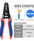 Crimp Like A Pro Wire Crimping Tool Kit With Wire Stripper And Ratchet Action showing AWG capacity and functions