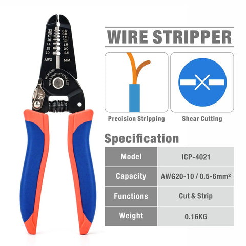 Crimp Like A Pro Wire Crimping Tool Kit With Wire Stripper And Ratchet Action showing AWG capacity and functions