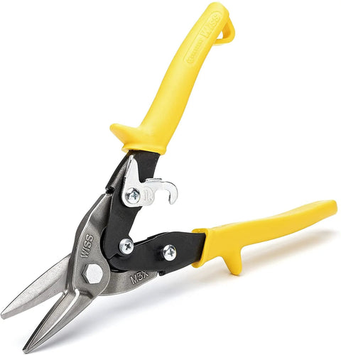 Crescent Wiss MetalMaster 9-3/4in snips, side view, yellow handles, compound-action for straight, left and right cuts
