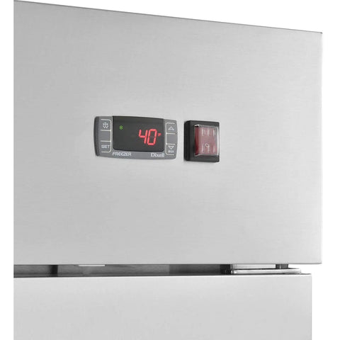 Real Deal Heavy Duty Two Door Reach In Freezer 47 Cubic Feet Capacity Built Tough Stainless Steel Body with digital temperature controls.