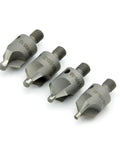 Four Piece 100 Degree Countersink Bit Set For Aluminum And Soft Metals With 1/2 Inch Cutter Diameter And 1/4-28 Thread Includes Bit Sizes 12 21 30 40 Three Fluted High Speed Steel Sweet For Chamfering Holes And Clean Flush Finishes.